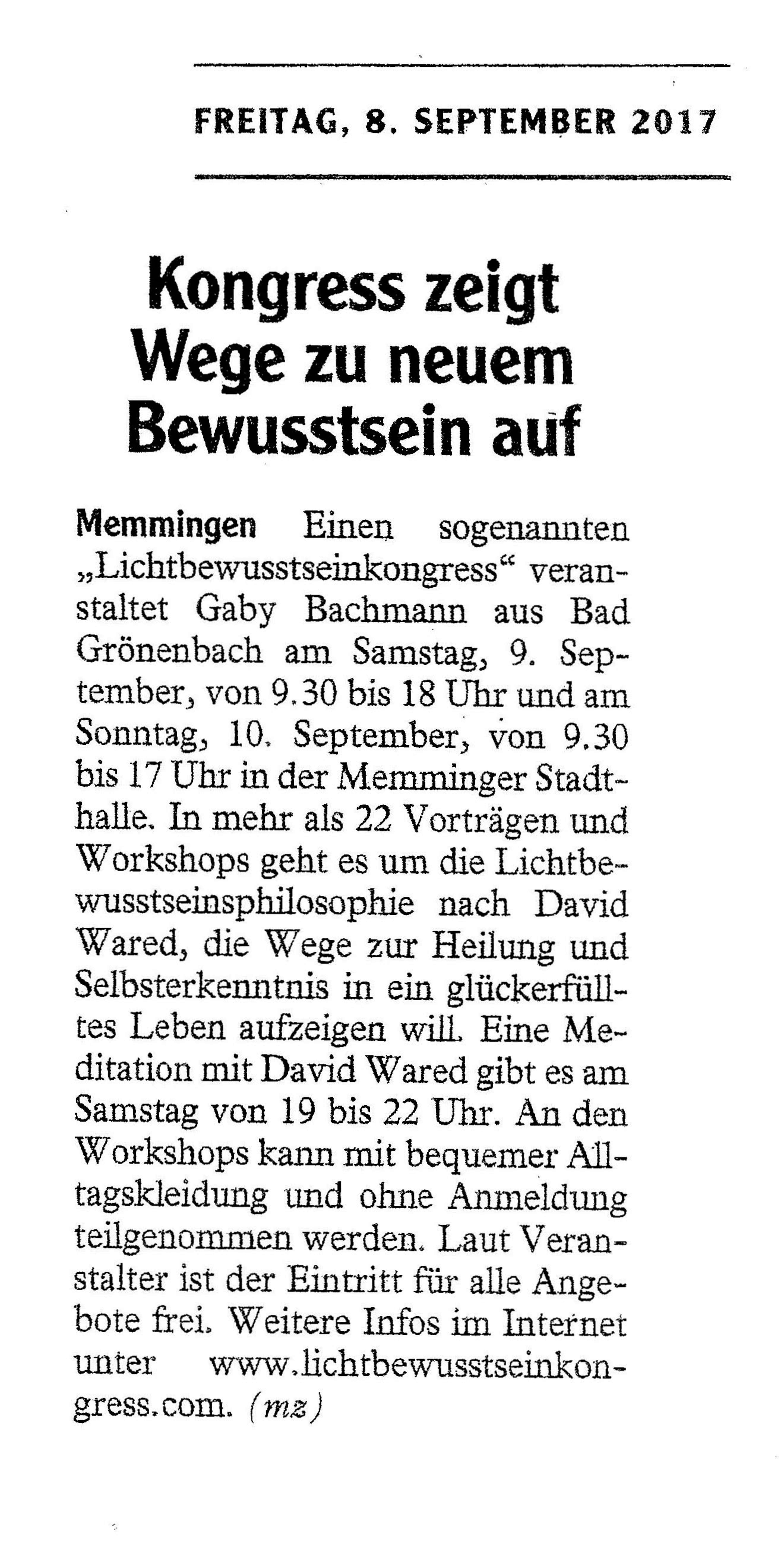 Memminger Zeitung Ankündigung des 1. Lichtbewusstseinkongress der Lichtbewusstseinsphilosophie nach David Wared in Memmingen in der Stadthalle mit Veranstalterin Gaby Bachmann.