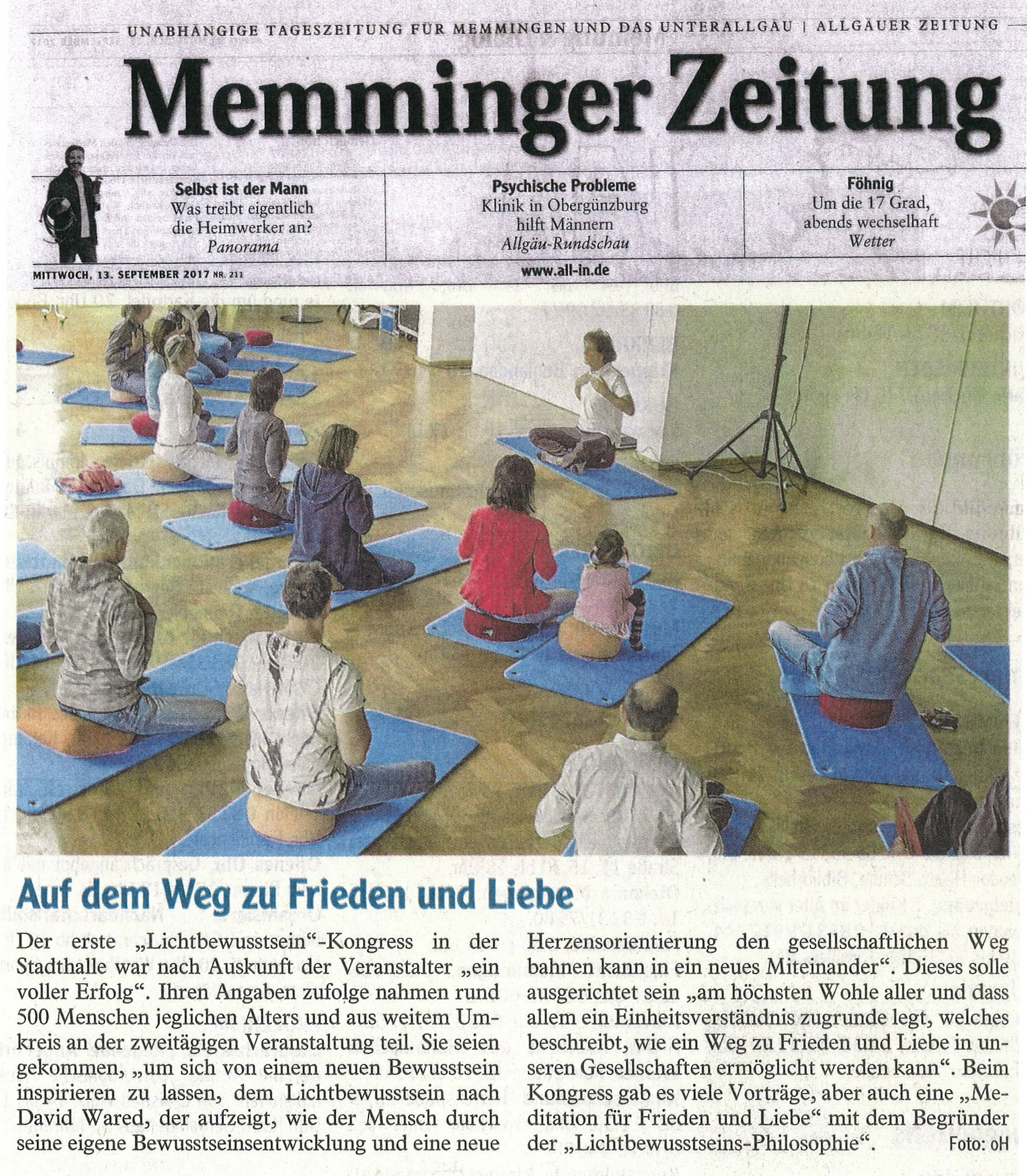Memminger Zeitung Artikel über den 1. Lichtbewusstseinkongress der Lichtbewusstseinsphilosophie nach David Wared in Memmingen in der Stadthalle mit Veranstalterin Gaby Bachmann.